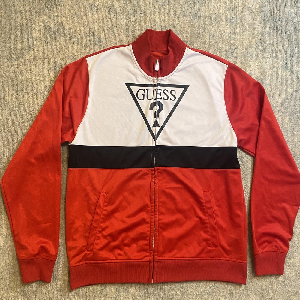 Guess Jacket Mens Medium Red White Triangle Logo Full Zip Track Polyester